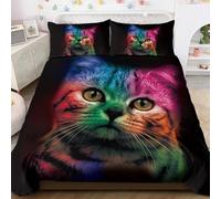 BlessLiving Cat Bedding Sets for Girls: Soft Premium Microfiber Colorful Cats Black Duvet Cover for Kids Boys Teens, Cute Rainbow Kitty Print Quilt Cover Double with Zipper Closure Bedroom Decor