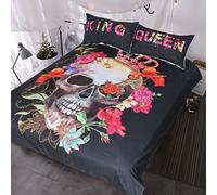 BlessLiving Crowned Floral Skull Duvet Cover Sugar Skull Bedding King and Queen Bedding Set for Couple Gothic Bed Set(Super King-Size)