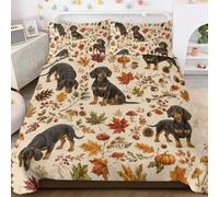 BlessLiving Dachshund Duvet Cover Set, Fall Woodland Print, 3-Piece Double | Black-and-tan dog artwork among pumpkins, acorns and woodland leaves. Soft microfiber with hidden zipper and ties.