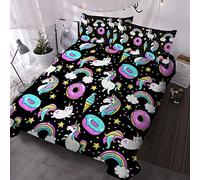 BlessLiving Donut Unicorn Bedding Double Kids Girls Cute Unicorn Bed Set Colorful Donut Duvet Cover 3 Piece Rainbow Unicorn Black Comforter Cover (Double)