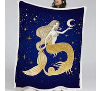 BlessLiving Fantasy Mermaid Sherpa Throw Blanket Gold Princess Moon Stars Plush Throw Blanket Fuzzy Blanket Blue Kids Dorm Reversible Fleece Blankets Children's Gift Travel/Single (130x150cm)