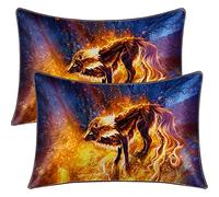BlessLiving Fire Wolf Satin Pillowcases Set of 2 Arctic Wolf Animal Wolves Pattern Soft Silky Pillow Case Covers for Bedroom Guest Room Sleeping Travel Envelope Closure (Standard(20''x26''))