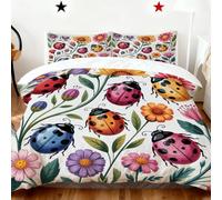BlessLiving Flower Ladybugs King Duvet Covers: Garden Purple Pink Yellow Flowers Bedding Set- Floral Ladybugs Quilt Cover with 2 Pillowcases