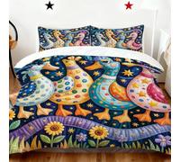 BlessLiving Four Ducks Super King Bedding Set: Botanical Sunflower Print Duvet Cover- Star Ducks Quilt Cover with 2 Pillowcases