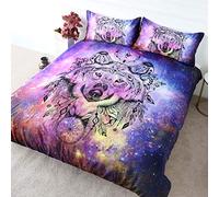BlessLiving Galaxy Wolf Bedding - Pink, Blue, Purple Nebula Space Duvet Cover Set 3 Pieces - Wolf Dream Catcher Cosmic Bedding (Super King)