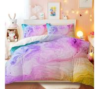BlessLiving Girls Single Duvet Cover Set, Pastel Marble Bedding 3-Piece | Soft Rainbow Bed Sets with 2 Pillowcases Purple Pink Microfiber Breathable Stylish Dreamy Modern Home Decor Abstract Art