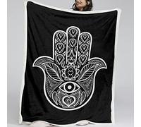 BlessLiving Hamsa Hand Fleece Blanket Tribal Doodle Style Sherpa Bed Blanket Boho Reversible Fluffy Cozy Blanket Cover Black and White (Twin/Double (150x200cm))