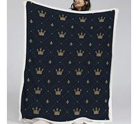 BlessLiving Luxury Blue Fleece Blanket Golden Crown Retro Pattern Sherpa Throw Blanket Super Soft Reversible Ultra Luxurious Plush Blanket Travel/Single (130x150cm)
