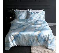 BlessLiving Marble Silky Bed Set Blue and Gold Marble Satin Duvet Cover Set 3 pcs Modern Marbled Pattern Printed Comforter Cover King Size Soft Satin Bedroom Set