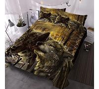 BlessLiving Norse Viking Wolf Bedding Set Gold Version Quilt Bed Set Wolf Odin Valknut Symbol Duvet Cover Sets for Boys Adults Men (King)