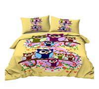 BlessLiving Owl Bedding Single Size Colourful Owls Sitting on Branches Printed Duvet Cover and Shams Set 3 Piece Cute Flowers Retro Yellow Bedspread for Kids Teens and Adult