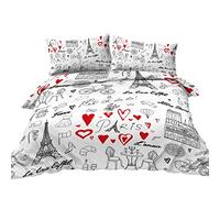 BlessLiving Paris Bedding Single Size Eiffel Tower Bonjour and Hearts Pattern Duvet Cocer Sets 3 Pieces Hand Drawn France Bedspread Black White and Red