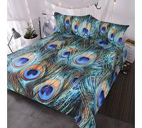 BlessLiving Peacock Feather Bed Set 3 Piece Aqua Blue Turquoise Duvet Cover Fantasy Sparkly Bedding Bird Bedspread (King)