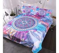 BlessLiving Psychedelic Bedding Mandala Feathers Bed Set Pink Blue Purple Colored Hippy Duvet Cover Bedclothes (Double)