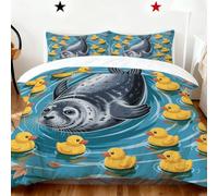 BlessLiving River Ducks Double Duvet Cover Sets: Blue River Yellow Leaf Yellow Ducks Bedding Set- Seal Ducks Quilt Cover with 2 Pillowcases