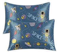 BlessLiving Robot Satin Pillowcase Silky Satin Pillowcase for Hair and Skin, Space Ship and Planets Printed Pillow Cases Set of 2 Satin Pillow Case with Envelope Closure (Standard(20''x26''))