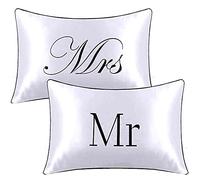 BlessLiving Satin Mr and Mrs Pillowcases, 2 Pack Silky Pillow Cases for His Her, Soft Silk Pillow Cover with Envelope Closure Romantic Anniversary Wedding Gifts for Couple (Queen(20''x30''))