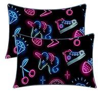 BlessLiving Satin Pillowcase for Hair and Skin Neon Unicorn Print Satin Pillow Cover Envelope Pillow Case Set of 2 Soft and Cozy Pillowcase for Kids Girls Boys (Pink Blue, Standard(20''x26''))