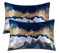 BlessLiving Satin Pillowcase Marble Pillow Cases Set of 2 Bedding Pillowslip Envelope Closure Grey Navy Blue & Gold Marble Pillow Cover for Hair and Skin, Blue,Queen(20''x30'')