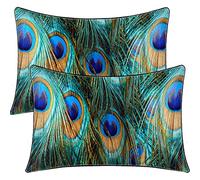BlessLiving Satin Pillowcase Peacock Feather Pillow Cases Set of 2 Bedding Pillowslip Envelope Closure Aqua Blue Turquoise Pillow Cover for Hair and Skin, Queen(20''x30'')