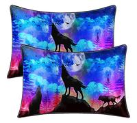 BlessLiving Satin Pillowcase Wolf Animal Pillowcases Set of 2 3D Galaxy Moon Wolf Print Silky Soft Pillow Cases for Kids Boys Pillow Covers with Envelope Closure (King(20''x40''))