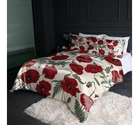 BlessLiving Satin Silky Bedding Set Single Size Red Poppies Flower Pattern Silk Like Duvet Cover with 2 Pillowcases Zipper Closure Corner Ties 3 Pcs Lightweight Ultra Soft Comforter Cover