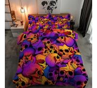 BlessLiving Skull Bedding Set Single Size 3 Piece Duvet Cover Set with Zipper Closure,Ties 3D Vintage Skull Printed Pattern Halloween Bed Set Purple Orange and Blue