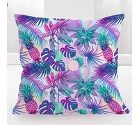 BlessLiving Tropical Watercolor Cushion Cover Neon Hawaiian Mango Pineapple Fruit Design Throw Pillow Cases Pastel Pink Turquoise Violet Palm Leaves Pillow Cover (18x18 inch)