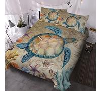 BlessLiving Turtle Bedding Single Girl Turtle Starfish Duvet Cover Set Vintage Map and Turtle Print Bedding Sets 1 Beach Themed Duvet Cover 2 Pillowcases (Single)