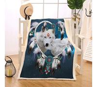 BlessLiving Wolf Print Animal Blanket Dream Catcher Fleece Blanket Feather Sherpa Lined Throw Blanket Twin/Double (150x200cm)