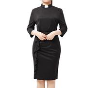 BLESSUME Catholic Church Women Clergy Tab Collar Dress Black Mass Bodycon Pencil Dress, Black 4, XX-Large