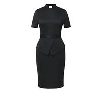 BLESSUME Catholic Church Women Clergy Tab Collar Dress Black Short Sleeve Mass Sheath Dress
