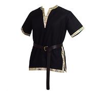 BLESSUME Medieval Viking Tunic with Belt LARP Aristocrat Chevalier Cosplay Costume (L, Black)