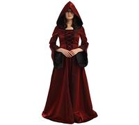 BLESSUME Medieval Women Party Gown Flare Sleeve Cosplay Fancy Dress Hooded Long Dress, S, Burgundy