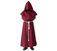 BLESSUME Monk Costume Medieval Robe Priest Hooded Renaissance Friar Cowl Outfit (S,Red)