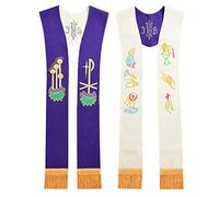 BLESSUME Priest Reversible Stole Embroidered Chasuble Stole (White & Purple #2)