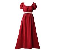 BLESSUME Regency Dress for Women Sash Ruffled Puff Sleeve Empire Waist Tea Party Ball Gown (L, Red)