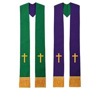 BLESSUME Reversible Clergy Stole Choir Priest Adult's Church Relegious Stole (Green and Purple 5)