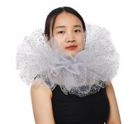 BLESSUME Victorian Ruffle Collar Renaissance Mesh Clown Collar Layered Neck Ruff For Fancy Dress (White/Silver)