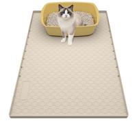 BLESWIN Cat Litter Mat 86 x 56cm, Silicone Cat Mat for Litter Tray with Raised Edges, Waterproof Large Cats Litter Tray Mat, Non-Slip Litter Trapping Mat, Keep Floors Tidy, Beige