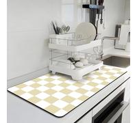 BLESWIN Coffee Mat, 43 x 80CM Absorbent Dish Drying Mat for Kitchen Counter, Coffee Bar Mats for Espresso Machine Station, Hides Stains, Rubber Backed Dish Drying Pad, Beige & White