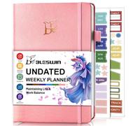 BLESWIN Diary Planner Undated - A5 Planner (5.7” x 8.5") Productivity Planner, Goal Setting with Elastic Band, Pen Loop, Stickers, Pink Academic Planner for Personal Work Life Balance