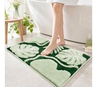 BLESWIN Leaf Bath Mat - Monstera Leaves Bathroom Rug, Non Slip Absorbent Soft Plush Microfiber Plant Decor Doormat for Shower Bathtub Bedroom Kitchen, 60×90cm（Dark Green）