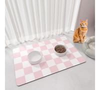 BLESWIN Pet Feeding Mat, 61x40.5CM Absorbent Dog Food Mat, Checkered Cat Bowl Mats, Easy to Clean Pet Placemats, Quick Dry Dog Water Dispenser Mats for Messy Drinkers, Pink & White