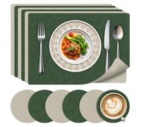 BLESWIN Placemats Set of 6 with Coasters - Heat-Resistant Table Mats for Daily Use, Double-Sided Design, Wipe Clean in Seconds-Dark Green+gray
