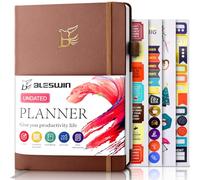 BLESWIN Planner Undated, A5 Diary No Dates Weekly and Monthly Productivity Planner Leather Hardcover with Sticker Tabs, 5.7'' x 8.5'' Organizer Notebook to Boost Productivity (Brown)