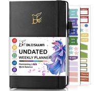 BLESWIN Undated Planner, Non-Dated Weekly Planner, Diary A5 Week to View with Sticker Tabs, Time Management & Productivity Organiser Planner to Track Goals & Tasks, Start Anytime, Black