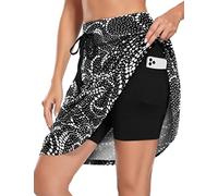 BLEVONH Women's Golf Skirt 20" Knee Length Skorts Skirts Drawstring Waist Tennis Skirts with Pockets M-3XL, Black Print, XX-Large