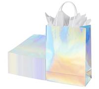 BLEWINDZ 32Pcs Small Paper Gift Bags with Tissues, Iridescent Party Favor Bags with Handles, Holographic Silver Gift Bag for Wedding Baby Shower Birthday shoppings Party Supplies