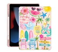BlHMCASE Cute Beach Palm Tree Surfboard for iPad 5th/6th Generation Case with Pencil Holder, Auto Sleep/Wake, Pink Leather Soft TPU Back Cover for iPad 9.7 Inch